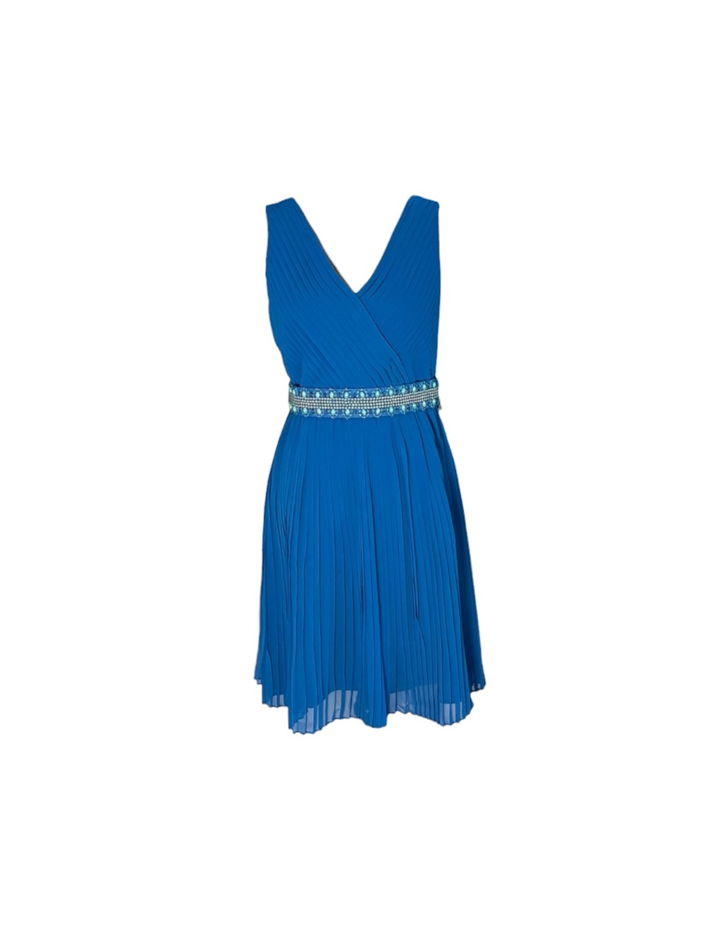 Geode Women’s Blue Pleated Cocktail Dress Beaded Belt V-Neck Medium